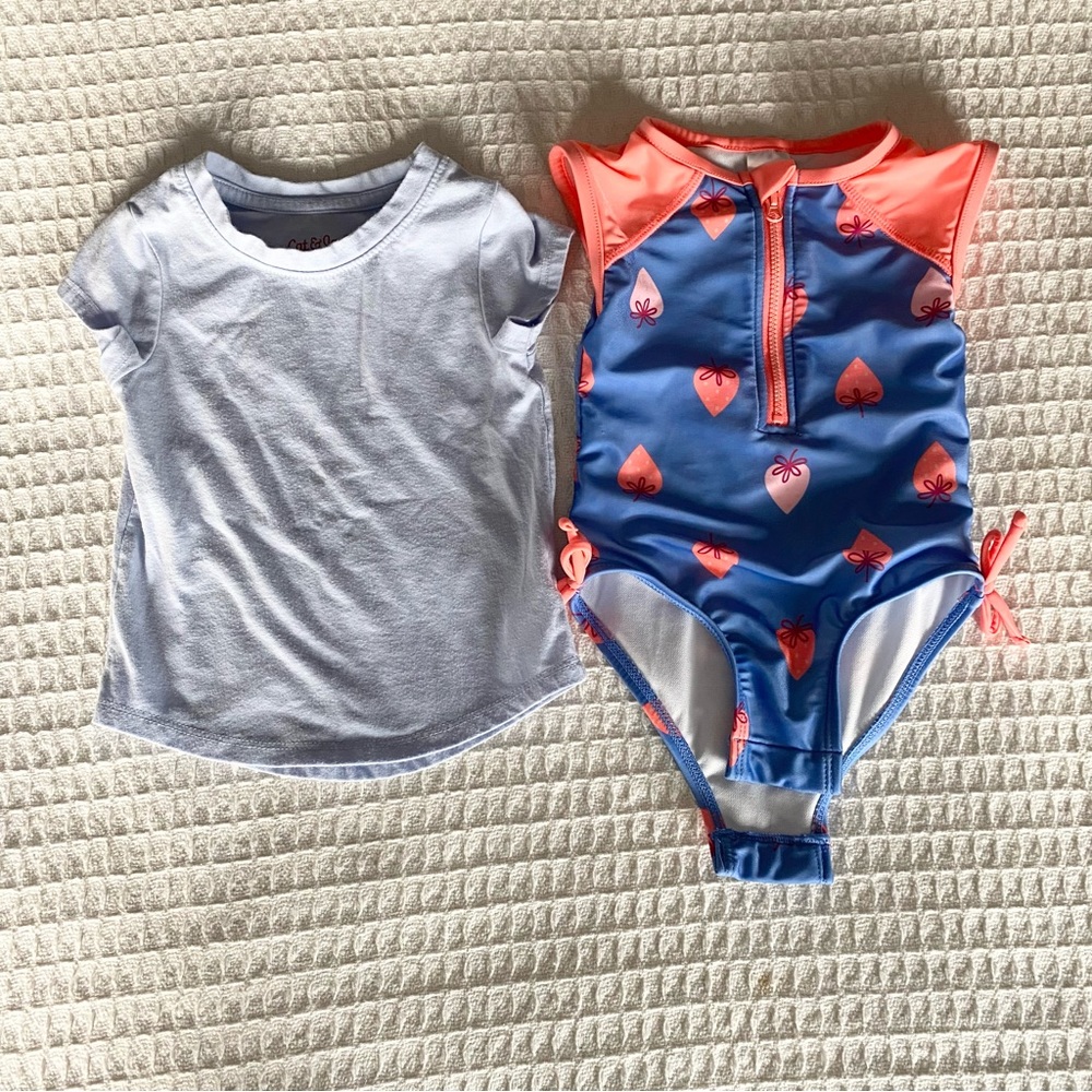 Cat & Jack 18M strawberry print one piece and blue short sleeve tee